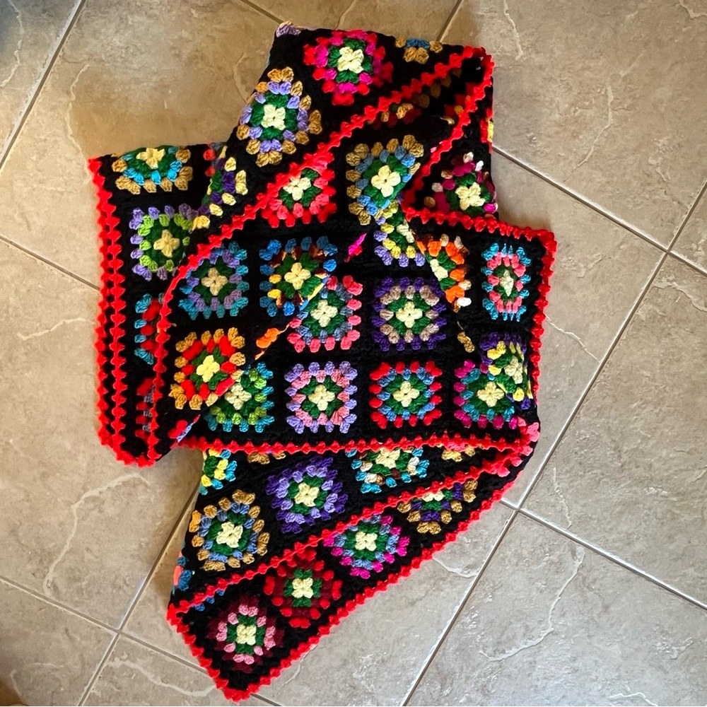 Colorful Crochet Blanket Handmade with Black and Red vibrant Border
